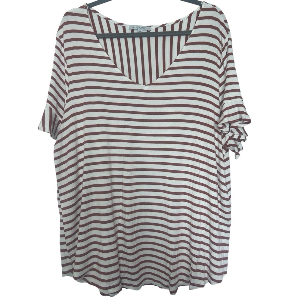 Green Envelope Striped Ruffle Sleeve Top V-Neck Casual Tee Shirt Woman's Size 2X